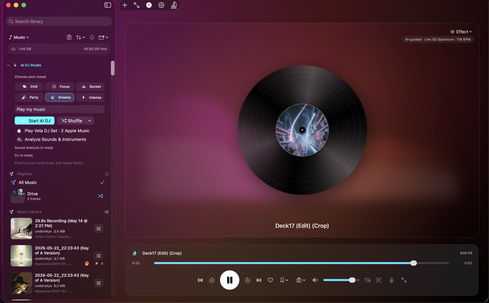 Vela player interface with AI DJ tools and local media library.