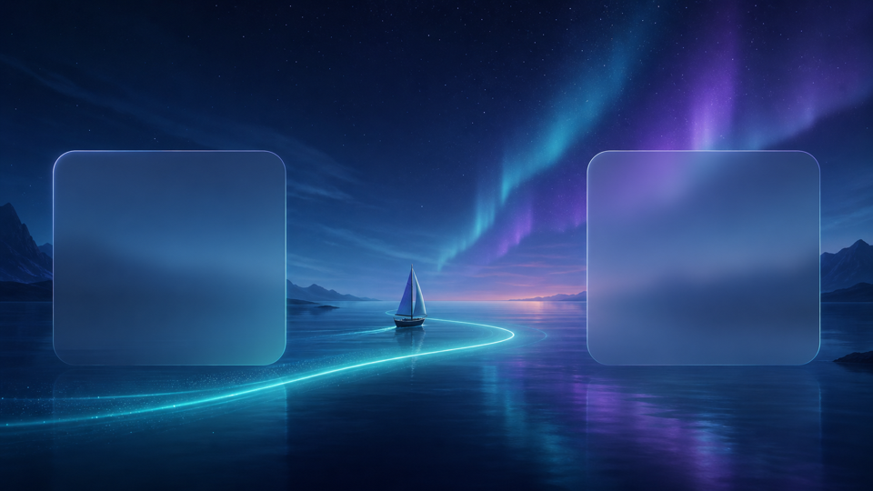 A sailboat crossing a luminous sea beneath an aurora.