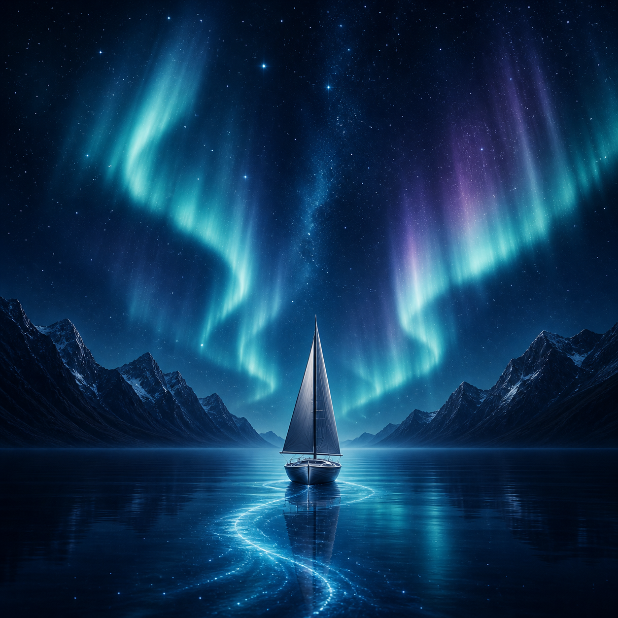 A silver sailboat sailing beneath an aurora.